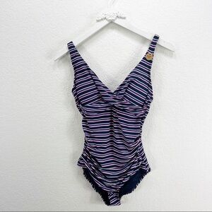 Niptuck Sailor Stripe Navy Cross Front One Piece Swimsuit Size US 6 NWT